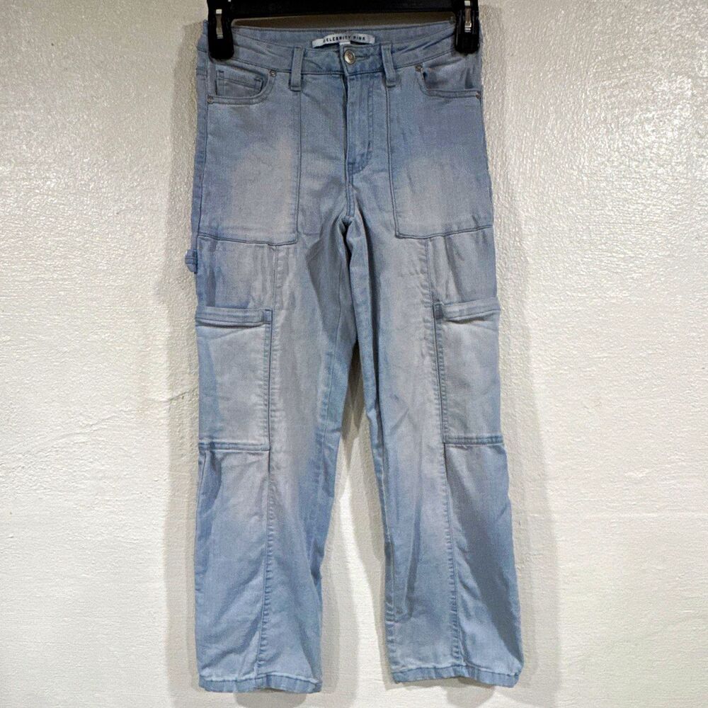 Celebrity Pink Light Wash Cargo Jeans Light Blue Straight Mid Rise Pockets 1/25